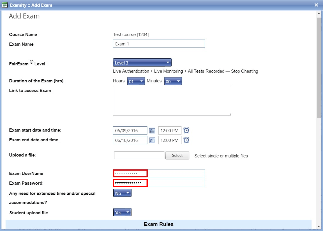 Examity Exam Settings Screenshot