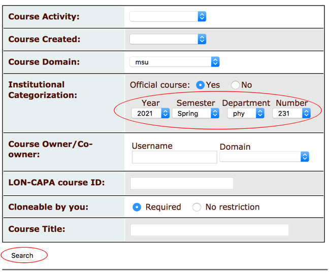 Search for course to clone