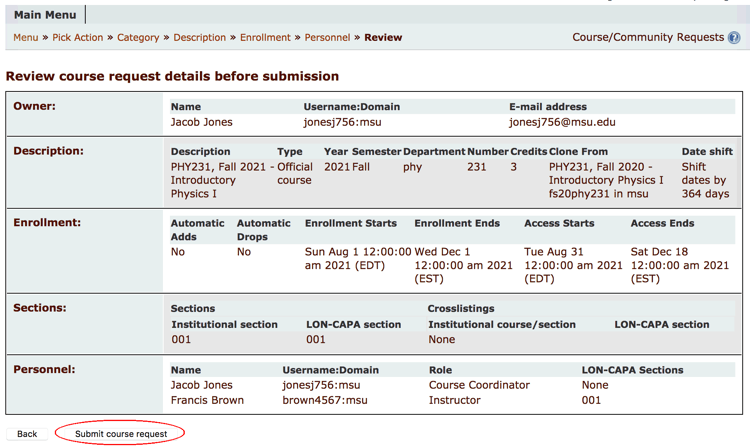 Review course request and submit