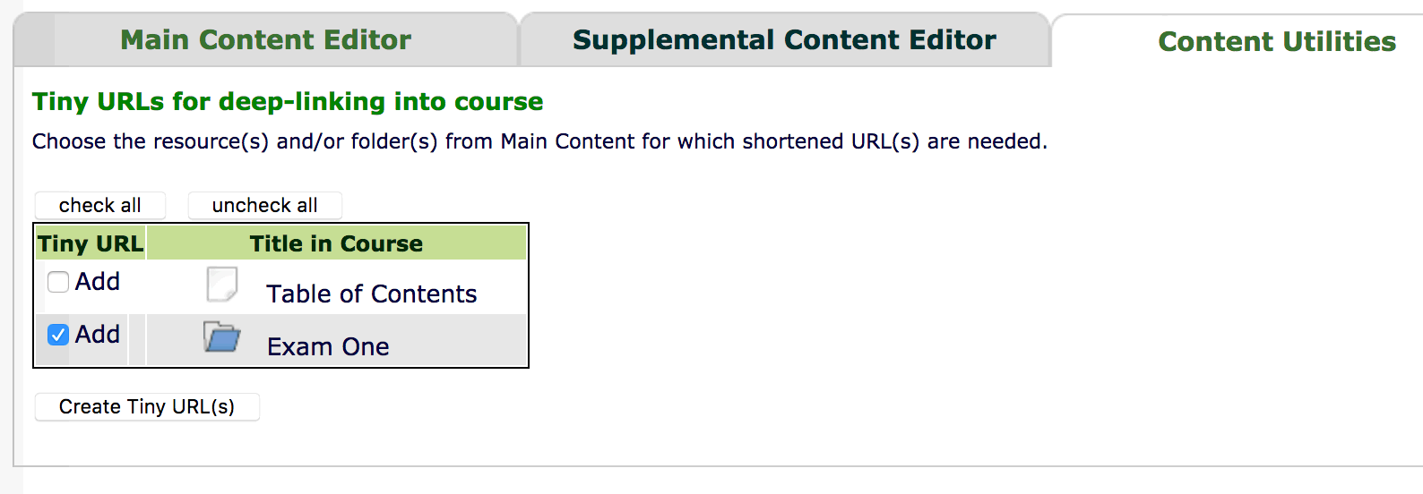Course Editor Tiny URLs Screenshot