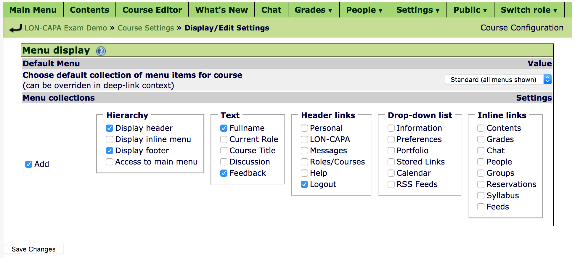 Course Settings Menu Display Screenshot