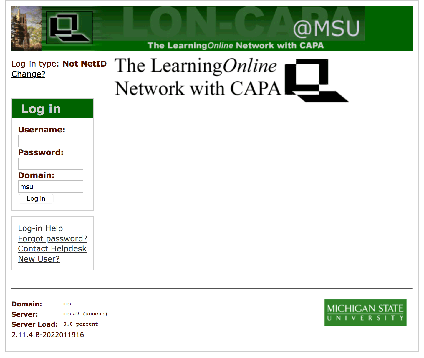 MSU LON-CAPA Non-SSO Login Screenshot